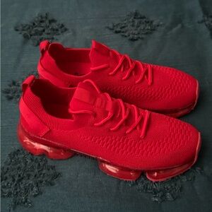Bold Red Knit Athletic Sneakers with Visible Cushion Sole